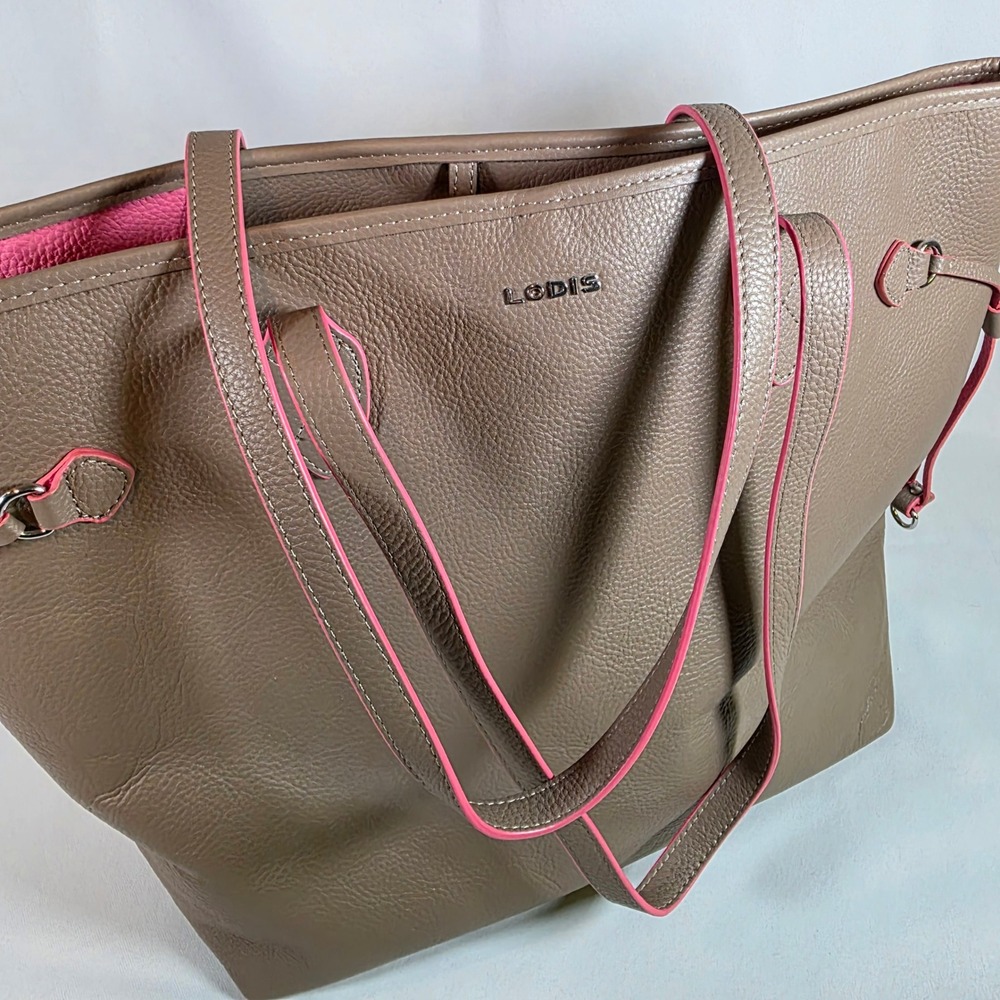 Lodis Bliss Tote Taupe Pebbled Leather Pink Trim Shoulder Bag Work Travel